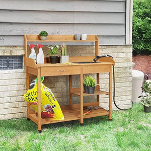 Yaheetech Potting Bench Outdoor Garden Work Bench Station Planting Solid Wood Construction for Horticulture w/Sink Drawer Rack Shelves Natural Wood