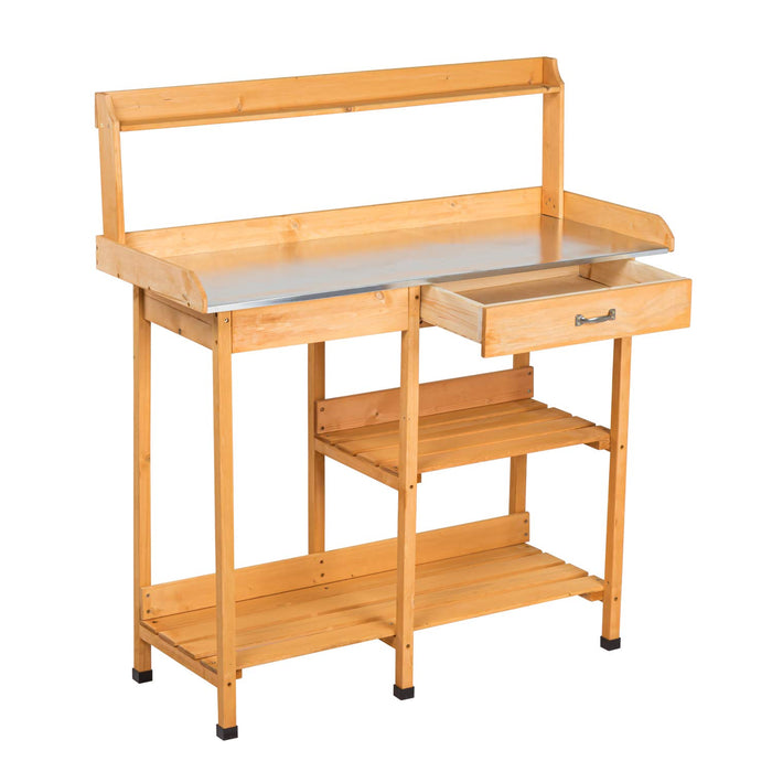 Outdoor Garden Potting Bench with Metal Tabletop, Garden Work Bench Planting Workstation w/Storage Shelves & Hooks