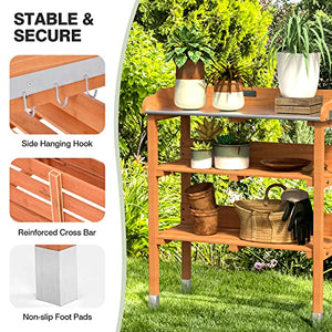 Giantex Garden Potting Bench, Outdoor Wood Workstation Table with Galvanized Steel Tabletop, 5 Hooks, 2-Tier Storage Shelves, Outside Work Station Potting Table with Raised Edge, Easy Assembly