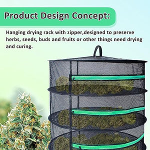 Growsun Herb Drying Rack 8 Layer 2ft Diameter Plant Hanging Mesh Dry Net w/Green Zipper, Free Garden Pruning Shears
