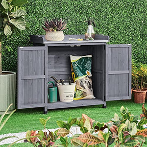Topeakmart Potting Bench Table - Wooden Storage Cabinet with Removable Shelf & Flexible Space & Metal-Plated Tabletop for Outdoor Garden Patio, Gray