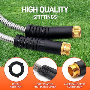 Besiter Garden Hose 100FT Stainless Steel Water Hose with 10 Functions Adjustable Spray Nozzle, Heavy-Duty Metal Garden Hose Flexible Durable No-Tangle & Kink Leak Dog Proof Hose for Yard Lawn(Orange)