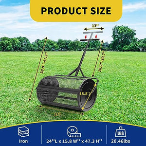 Pipleo Compost Spreader, 24'' Peat Moss Spreader with Adjustable T Shaped Handle Seeding, Lightweight Metal Mesh Spreader for Lawn and Garden for Top Dressing Compost, Dirt, Mulch, Soil (Black)