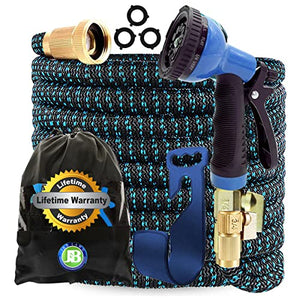 J&B XpandaHose 75ft Expandable Garden Hose with Holder - Heavy Duty Superior Strength 3750D - 4 -Layer Latex Core - Extra Strong Brass Connectors and 10 Spray Nozzle w/Storage Bag (Blue 75)
