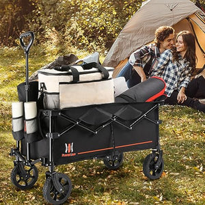 Navatiee Collapsible Folding Wagon, Wagon Cart Heavy Duty Foldable with Two Drink Holders, Utility Grocery Wagon for Camping Shopping Sports, S2, Black