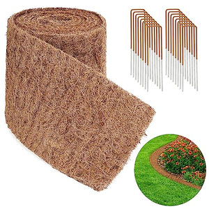 Natural Mulch for Landscaping 120" X 6.3", Coconut Fiber Mulch Mat Roll with 16 U-Shaped Steel Stakes, Garden Edging Border Mat Natural Looking Permanent Mulch Barrier for Plants Vegetables & Flowers