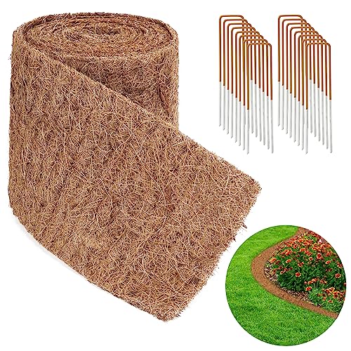 Natural Mulch for Landscaping 120" X 6.3", Coconut Fiber Mulch Mat Roll with 16 U-Shaped Steel Stakes, Garden Edging Border Mat Natural Looking Permanent Mulch Barrier for Plants Vegetables & Flowers