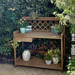 GUTINNEEN Potting Bench with PVC Layer, Sink, Lid, Gardening Work Bench Wooden Planting Table Outdoor with Storage, Drawer, Shelf, Hook