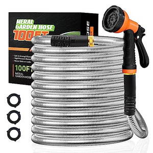 Besiter Garden Hose 100FT Stainless Steel Water Hose with 10 Functions Adjustable Spray Nozzle, Heavy-Duty Metal Garden Hose Flexible Durable No-Tangle & Kink Leak Dog Proof Hose for Yard Lawn(Orange)
