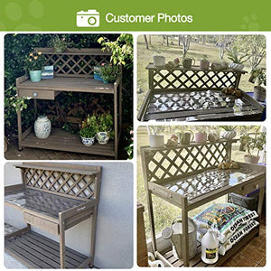 GUTINNEEN Potting Bench with PVC Layer, Sink, Lid, Gardening Work Bench Wooden Planting Table Outdoor with Storage, Drawer, Shelf, Hook