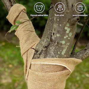 15.7in x 19.7ft Natural Burlap Tree Wrap Rolls- Burlap Fabric Tree Trunk Protector- Burlap Plants Wrap Bandage with Ropes- Frost & Freeze Protection Cloth for Outdoor Trees, Shrubs, Plants in Winter