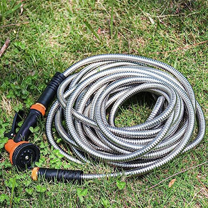 Besiter Garden Hose 100FT Stainless Steel Water Hose with 10 Functions Adjustable Spray Nozzle, Heavy-Duty Metal Garden Hose Flexible Durable No-Tangle & Kink Leak Dog Proof Hose for Yard Lawn(Orange)