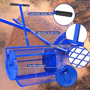 BILT HARD Peat Moss Spreader, 24 in Compost Spreader for Lawn and Garden, Heavy Duty Metal Mesh Basket Topdressing Roller, Spreading Dirt, Mulch and Soil