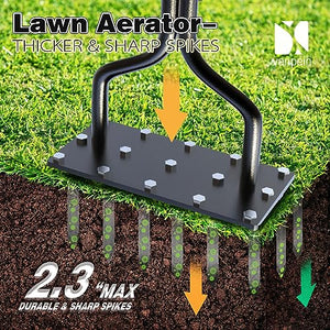 vanpein Lawn Aerator Spike Manual Tool with 15 Iron Spikes, Garden Grass Aeration Tools Hand Air Aerator & Clean Tool for Aerating Lawns & Yard Care, Loosening Soil, 36 Inch Black-Spike