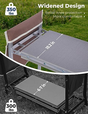 DEERFAMY Garden Stool 10.2" Width, Garden Kneeler and Seat Load Cap 350 lbs, Heavy Duty Gardening Stool with Extra Kneeling Pad, 2 Tool Pouches, Claw Gloves, Gift for Women Seniors, Brown