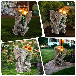 Outdoor Sculpture Figurine Statue Elephant Decor,Solar Garden Statues for Patio Home Yard Decor,Good Luck Sunflower Elephant for Women, Mom Gifts Housewarming Gift