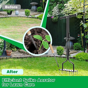 vanpein Lawn Aerator Spike Manual Tool with 15 Iron Spikes, Garden Grass Aeration Tools Hand Air Aerator & Clean Tool for Aerating Lawns & Yard Care, Loosening Soil, 36 Inch Black-Spike