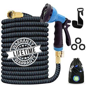 J&B XpandaHose 75ft Expandable Garden Hose with Holder - Heavy Duty Superior Strength 3750D - 4 -Layer Latex Core - Extra Strong Brass Connectors and 10 Spray Nozzle w/Storage Bag (Blue 75)