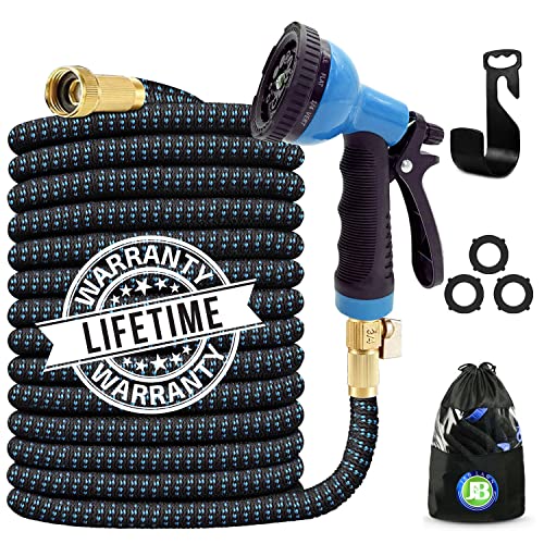 J&B XpandaHose 75ft Expandable Garden Hose with Holder - Heavy Duty Superior Strength 3750D - 4 -Layer Latex Core - Extra Strong Brass Connectors and 10 Spray Nozzle w/Storage Bag (Blue 75)