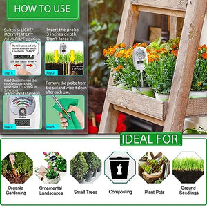 HSLGOVE Soil Moisture Meter, 7-in-1 Soil pH Meter, Soil Tester of Moisture/Light/Fertility/PH/Soil Temp/Room Thermometer Hygrometer for Garden, Lawn, Farm Outdoor&Indoor Use Soil Test Kit-Light White