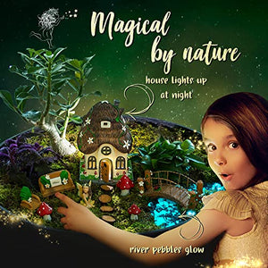 WILD PIXY Garden Kit - Glow in The Dark Fairy Accessories Set, 7.1" Fairy House with Opening Door and Solar LED Light, Glow Stones, Garden Decorations for Indoor or Outdoor