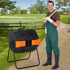 Outdoor Compost Tumbling Bin 43 Gallon Large Dual Chamber Sliding Doors Composter Steel Frame Garden Tumbling Rotating Composting Bins 360° Compost Tumbler Bucket Trash Can for Patio Yard (Orange)