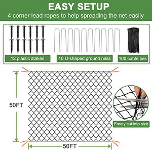 Bird Netting - 50’ x 50’ Poultry Netting with 2.4” Square Mesh for Chicken Coop, Bird Netting for Garden Protection, Heavy Duty Nylon Garden Mesh Netting for Fruit Tree Against Aviary, Deer, Squirrel