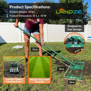 Landzie Lawn Leveling Rake - 36 Inch Wide 72 Inch Handle Powder Coated Yard, Garden, and Lawn Leveling Tool - Professional Lawn Care Landscaping Tools