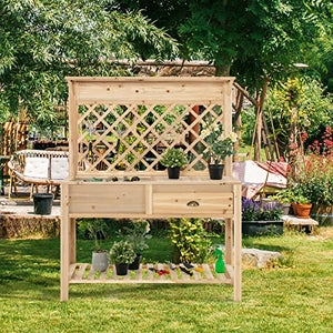 Giantex Garden Potting Bench Table, Wood Outdoor Work Station with Trellis and Shelves for Gardening Tools, Drawer, Hidden Storage Cabinet with Sliding Lid, Workstation Table, 47"x 16.5" x 60"