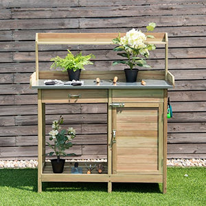Giantex Potting Bench Table for Outside Natural Wood Garden Plant Lawn Patio Table Storage Shelf Metal Tabletop Outdoor Workstation Flower Pot Bench (Natural Fir w/Cabinet)