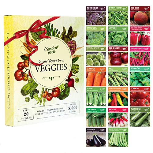 Grow Your Own Vegetables 20 Packet Variety, Garden Pack – High Yield Easy Seed Starter Kit for Growing Veggies at Home – Gardner Set with 8,000 Heirloom Seeds for DIY Outdoor & Indoor Garden