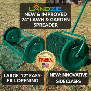 Landzie Spreader with Upgraded Side Clasps, Peat Moss Spreader, Metal Mesh Basket, Comfort Grip Handles, and Compost Spreader for Lawn and Garden