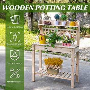 Outsunny Outdoor Potting Bench with Sliding Tabletop, Storage Shelf and Dry Sink, 2-Level Gardening Table, Wooden Workstation for Greenhouse, Garden, Patio, Natural