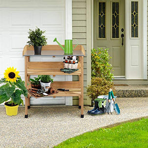 Yaheetech Outdoor Garden Potting Bench Table Wooden Horticulture Planting Worstation w/Metal Tabletop/Storage Shelf/3 Hooks, Natural Wood