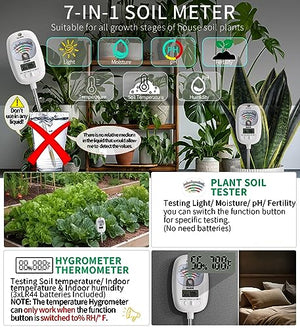 HSLGOVE Soil Moisture Meter, 7-in-1 Soil pH Meter, Soil Tester of Moisture/Light/Fertility/PH/Soil Temp/Room Thermometer Hygrometer for Garden, Lawn, Farm Outdoor&Indoor Use Soil Test Kit-Light White