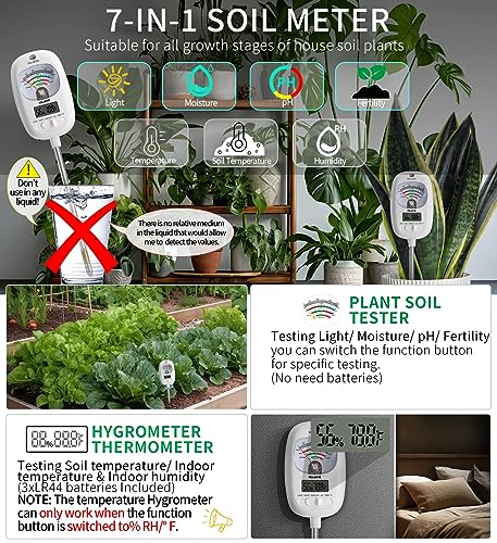 HSLGOVE Soil Moisture Meter, 7-in-1 Soil pH Meter, Soil Tester of Moisture/Light/Fertility/PH/Soil Temp/Room Thermometer Hygrometer for Garden, Lawn, Farm Outdoor&Indoor Use Soil Test Kit-Light White