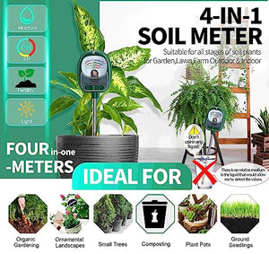 4-in-1 Soil Test Kit, Soil Moisture Meter/Soil PH Meter/Light/Fertility Soil Tester, Soil Hygrometer for Plant,Garden,Farm,Lawn Care Outdoor&Indoor Moisture Meter for House Plants (No Need Battery)