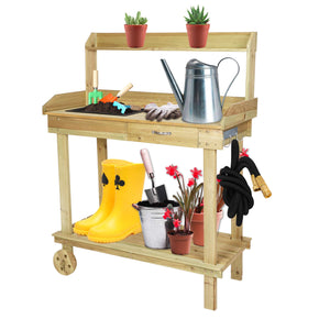 LUCKYERMORE Potting Bench Table Wooden Gardening Plant Workstation Natural Solid Wood Potting Station w/Wheels and Drawer Sink Hook Open Shelf for Outside Patio Lawn Garden, Banco para macetas