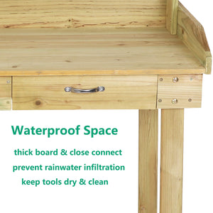 LUCKYERMORE Potting Bench Table Wooden Gardening Plant Workstation Natural Solid Wood Potting Station w/Wheels and Drawer Sink Hook Open Shelf for Outside Patio Lawn Garden, Banco para macetas