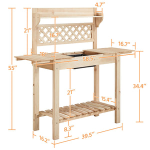 Topeakmart Garden Potting Bench Table w/Sliding Tabletop, Outdoor Workstation w/Detachable Sink, Wooden Work Bench w/Wide Open Storage Shelves & Mesh Board, Natural Wood