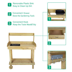 LUCKYERMORE Potting Bench Table Wooden Gardening Plant Workstation Natural Solid Wood Potting Station w/Wheels and Drawer Sink Hook Open Shelf for Outside Patio Lawn Garden, Banco para macetas