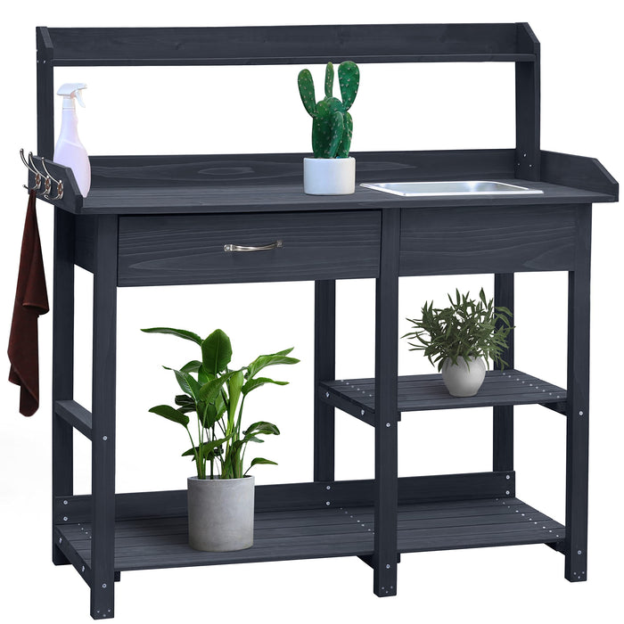 VEIKOUS Potting Bench Table Garden Workstation with Removable Stainless Sink, Drawer and Storage Shelves for Indoor Outdoor