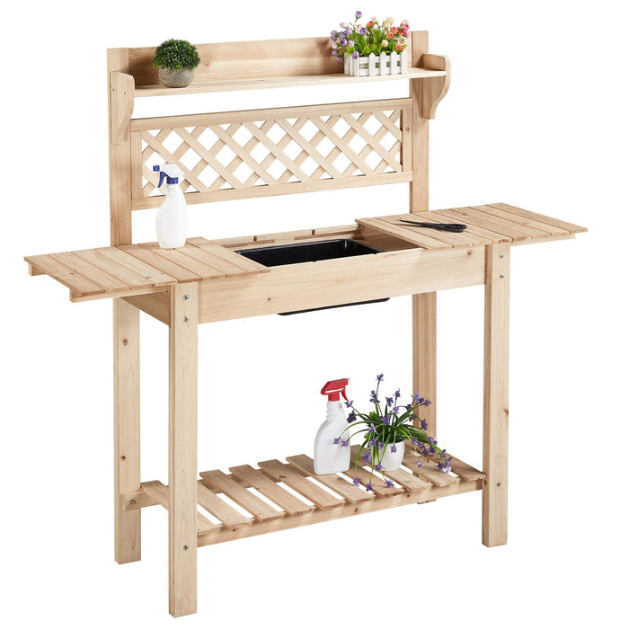 Topeakmart Garden Potting Bench Table w/Sliding Tabletop, Outdoor Workstation w/Detachable Sink, Wooden Work Bench w/Wide Open Storage Shelves & Mesh Board, Natural Wood