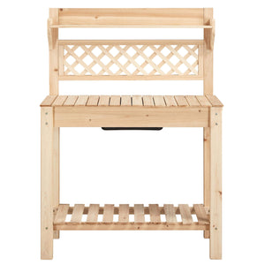 Topeakmart Garden Potting Bench Table w/Sliding Tabletop, Outdoor Workstation w/Detachable Sink, Wooden Work Bench w/Wide Open Storage Shelves & Mesh Board, Natural Wood
