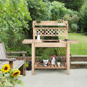 Topeakmart Garden Potting Bench Table w/Sliding Tabletop, Outdoor Workstation w/Detachable Sink, Wooden Work Bench w/Wide Open Storage Shelves & Mesh Board, Natural Wood