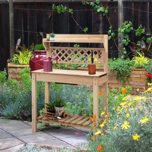 Topeakmart Garden Potting Bench Table w/Sliding Tabletop, Outdoor Workstation w/Detachable Sink, Wooden Work Bench w/Wide Open Storage Shelves & Mesh Board, Natural Wood